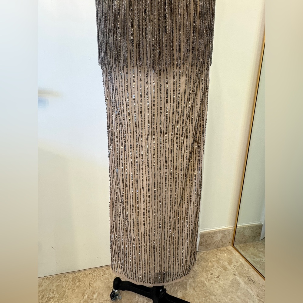 Heavily Beaded Halter Gown – Open Back Sheer Fringe Maxi Dress Glam Formal - Picture 5 of 12